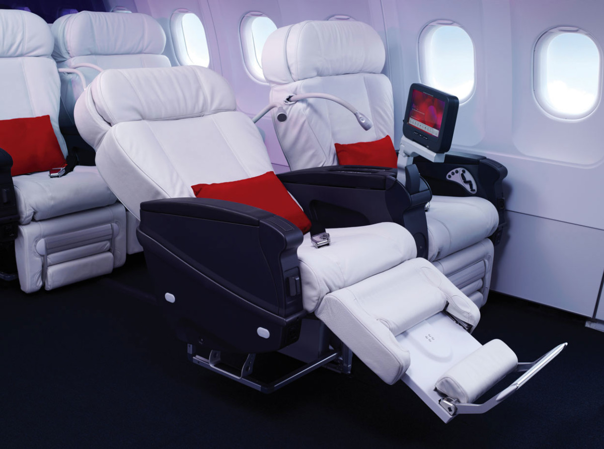 Esempio di First Class domestica nordamericana. Particolare dell’interno della cabina di un aeromobile Virgin America.